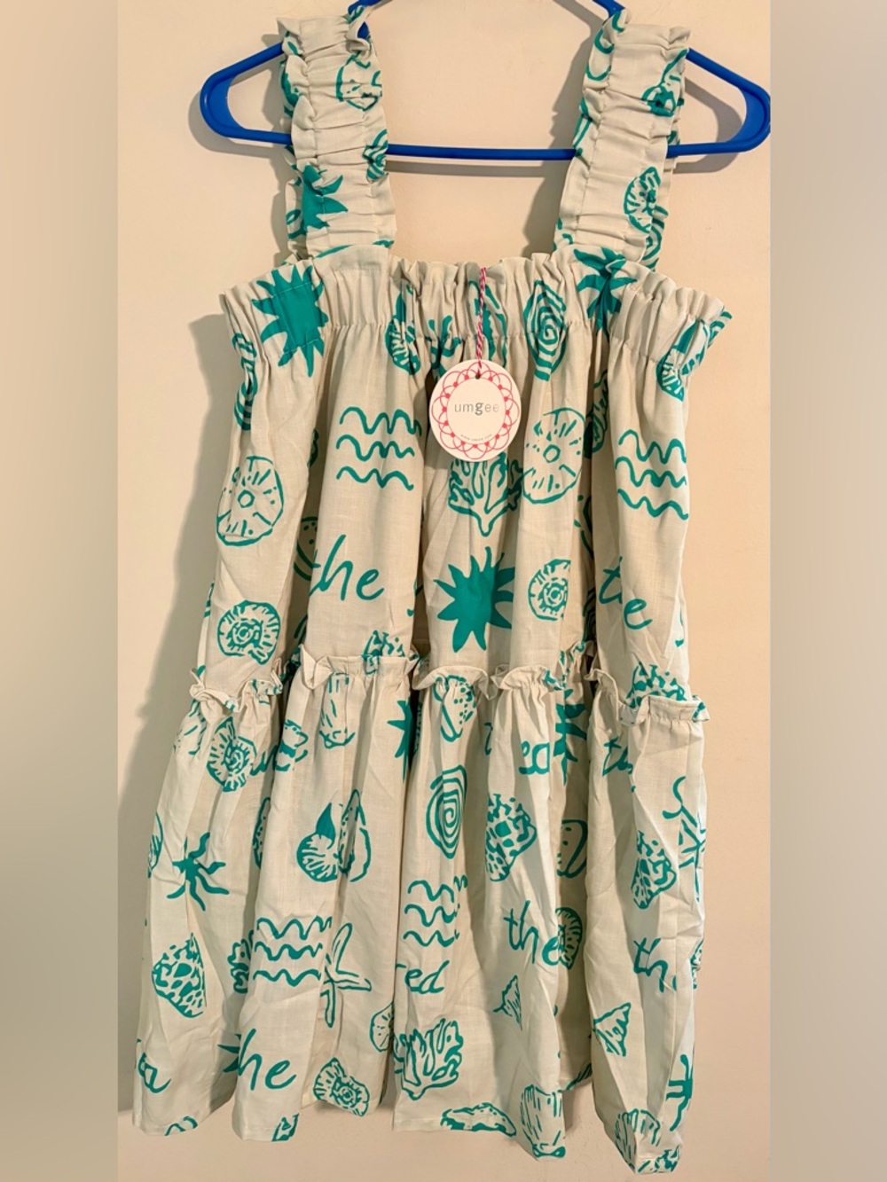 Umgee White Mini Sundress with Teal Shell Print